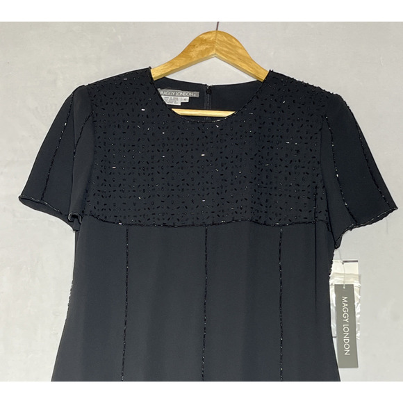 Maggy London Chiffon Sequin Dress 6 Black Midi Short Sleeve Classic Elegant - Picture 2 of 13